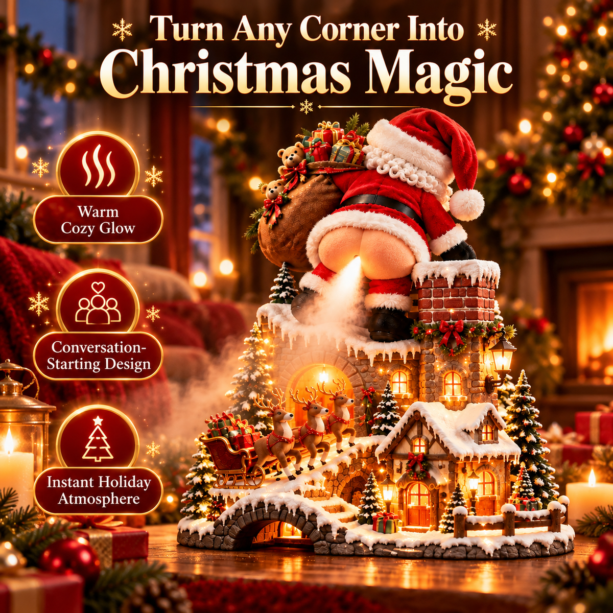 🎅 Santa’s Cheeky Christmas Village – Light-Up Mist Maker & Funny Holiday Decor ✨