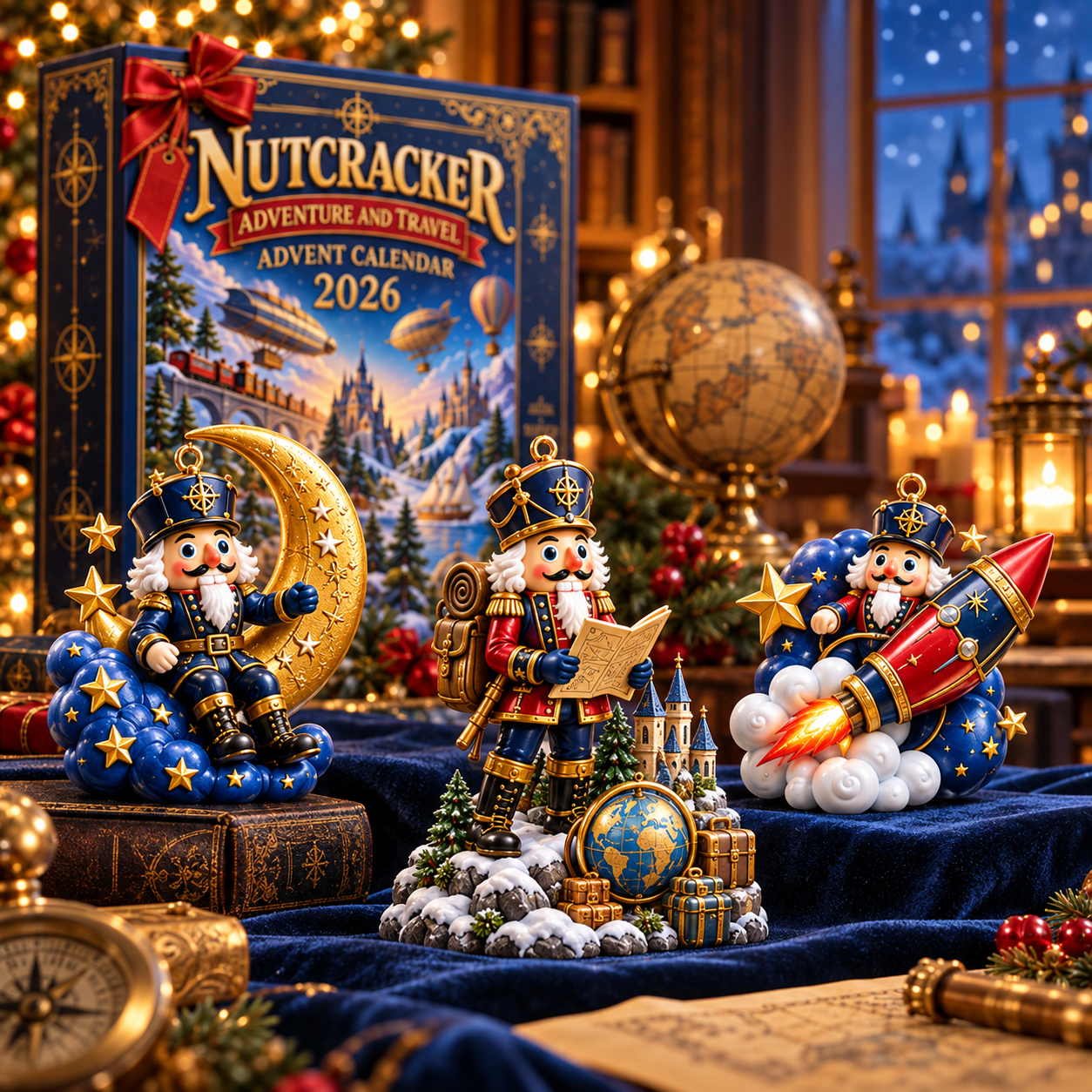 Nutcracker Christmas collectibles with crescent moon, globe and rocket designs