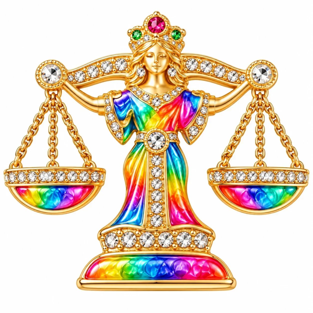 Rainbow Libra brooch with multicolor enamel-style design and gold-tone crystal-look details