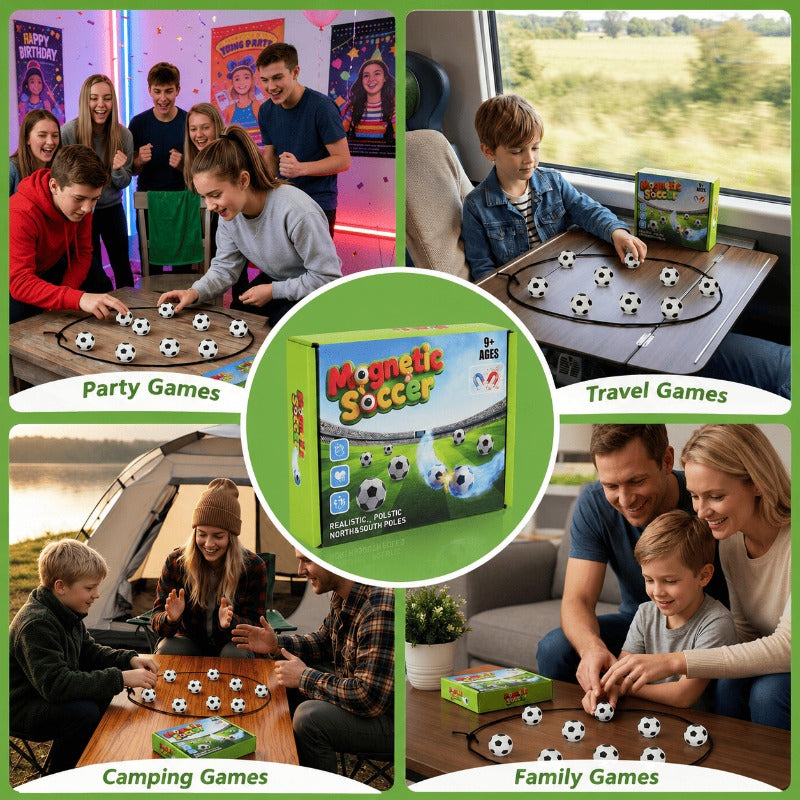 Magnetic soccer tabletop game shown at family game night, party and travel settings