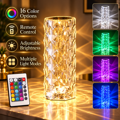 ✨ Crystal Glow Touch Table Lamp – Rechargeable Diamond-Cut Ambient Light | 3 & 16 Color Options
