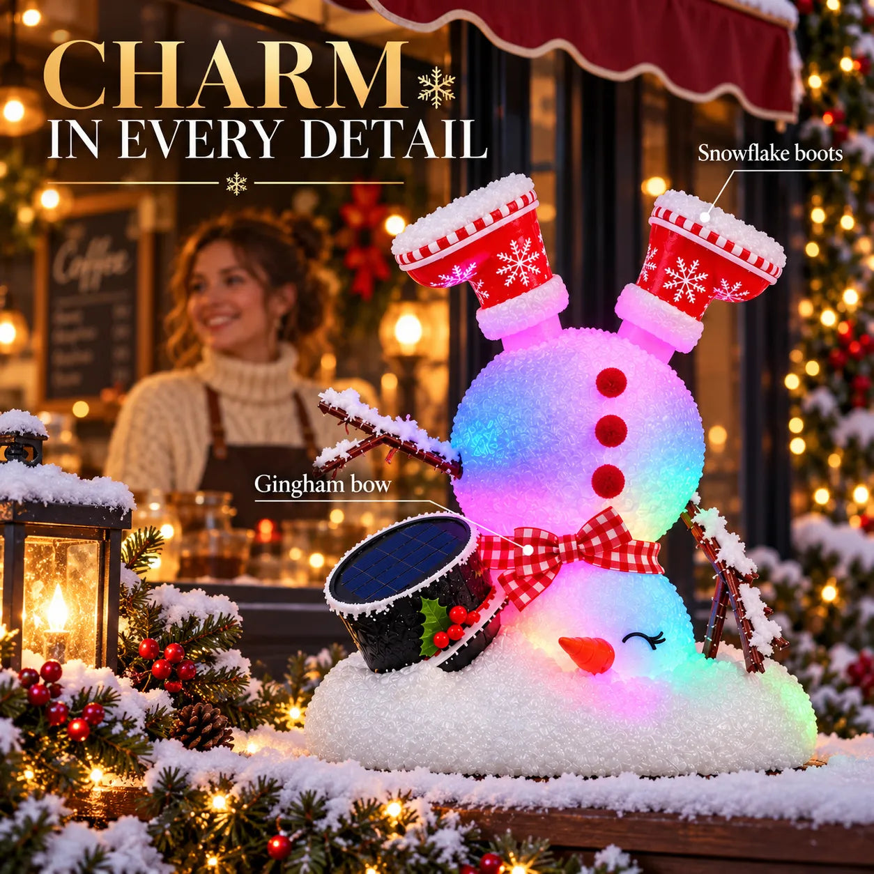 Upside-down glowing snowman with red snowflake boots, plaid bow, buttons, twig arms and decorative hat