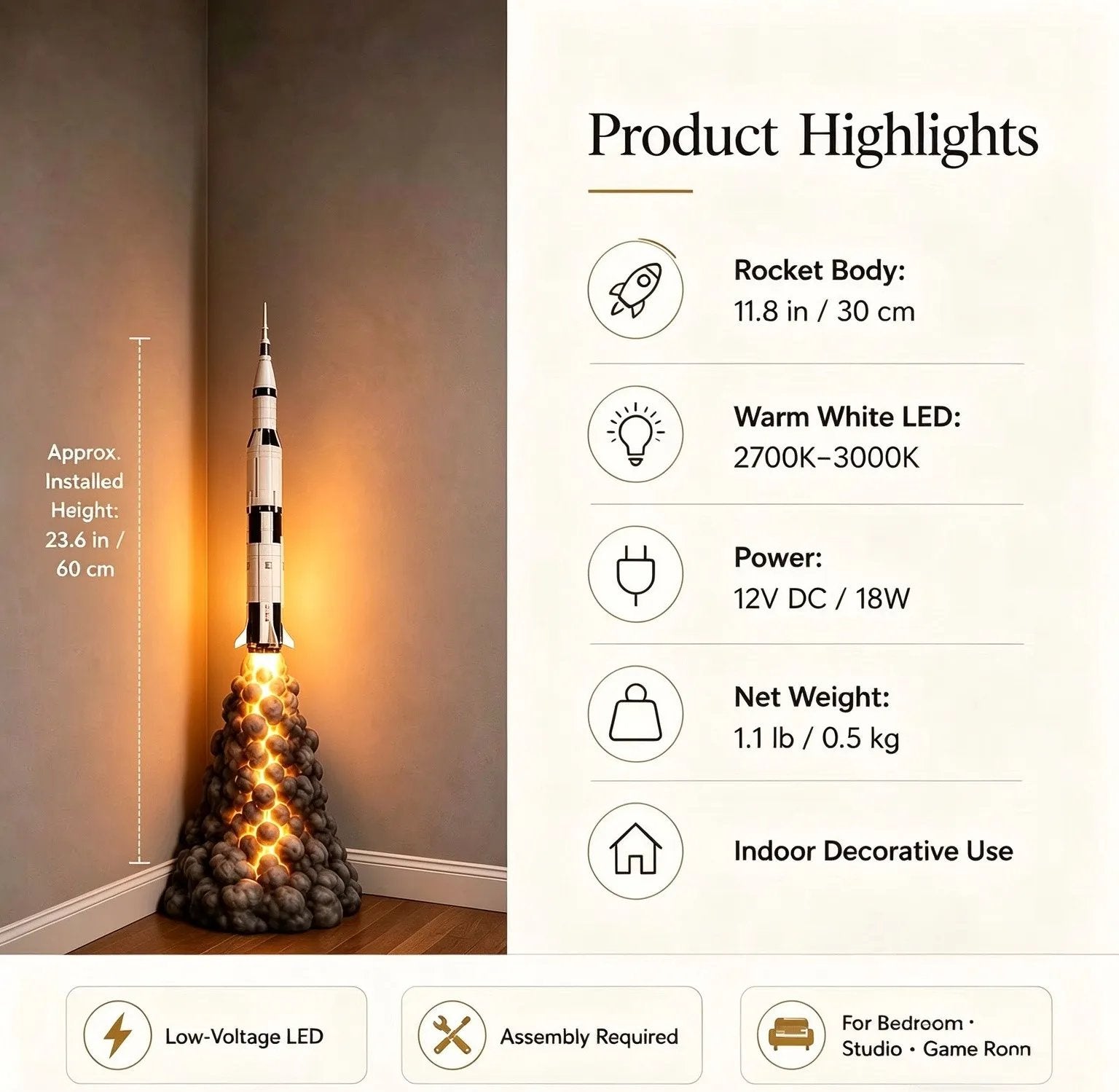Rocket launch floor lamp dimensions and technical specifications showing 30cm rocket and warm white LED power details