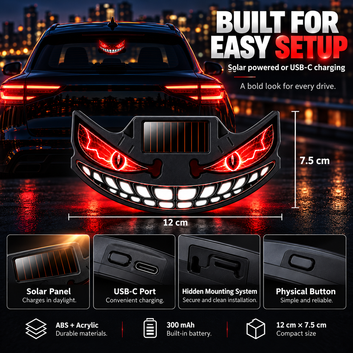 😈🚗 Devil Grin LED Car Window Light – Solar + USB-C Rechargeable Window Glow