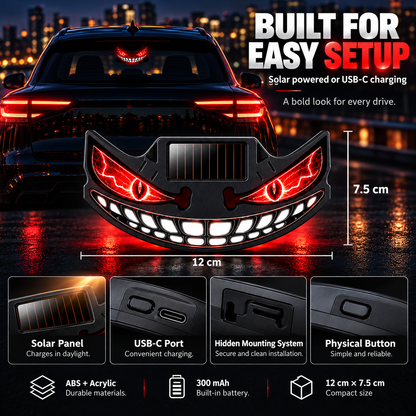 😈🚗 Devil Grin LED Car Window Light – Solar + USB-C Rechargeable Window Glow