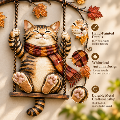 🐱🍂 Cozy Cat Swing Fall Wall Art – Rustic Autumn Metal Home Decor
