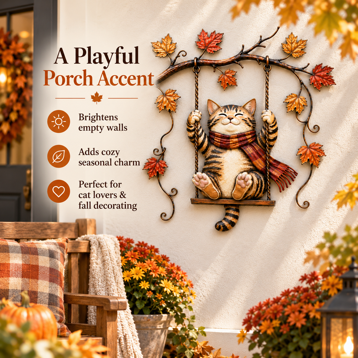 🐱🍂 Cozy Cat Swing Fall Wall Art – Rustic Autumn Metal Home Decor