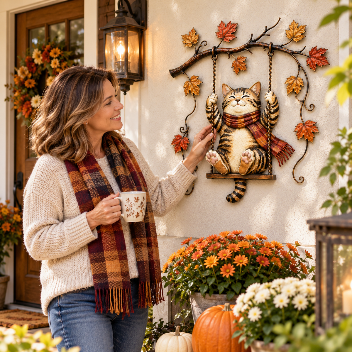 🐱🍂 Cozy Cat Swing Fall Wall Art – Rustic Autumn Metal Home Decor