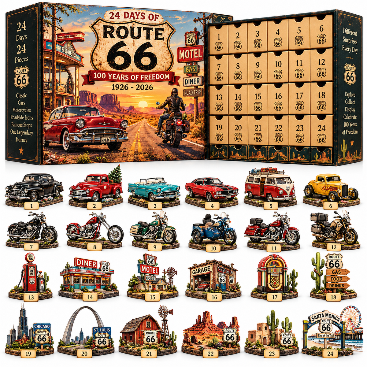 🏍️ Route 66 100th Anniversary – 24-Day Acrylic Collectibles Advent Calendar