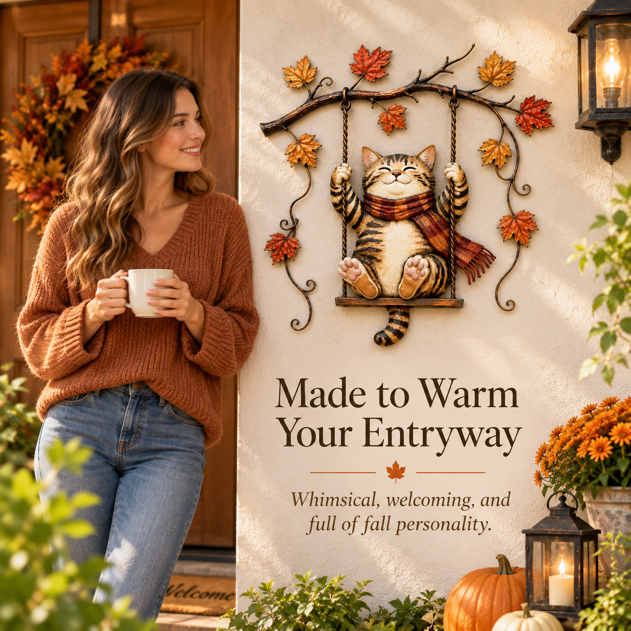 🐱🍂 Cozy Cat Swing Fall Wall Art – Rustic Autumn Metal Home Decor