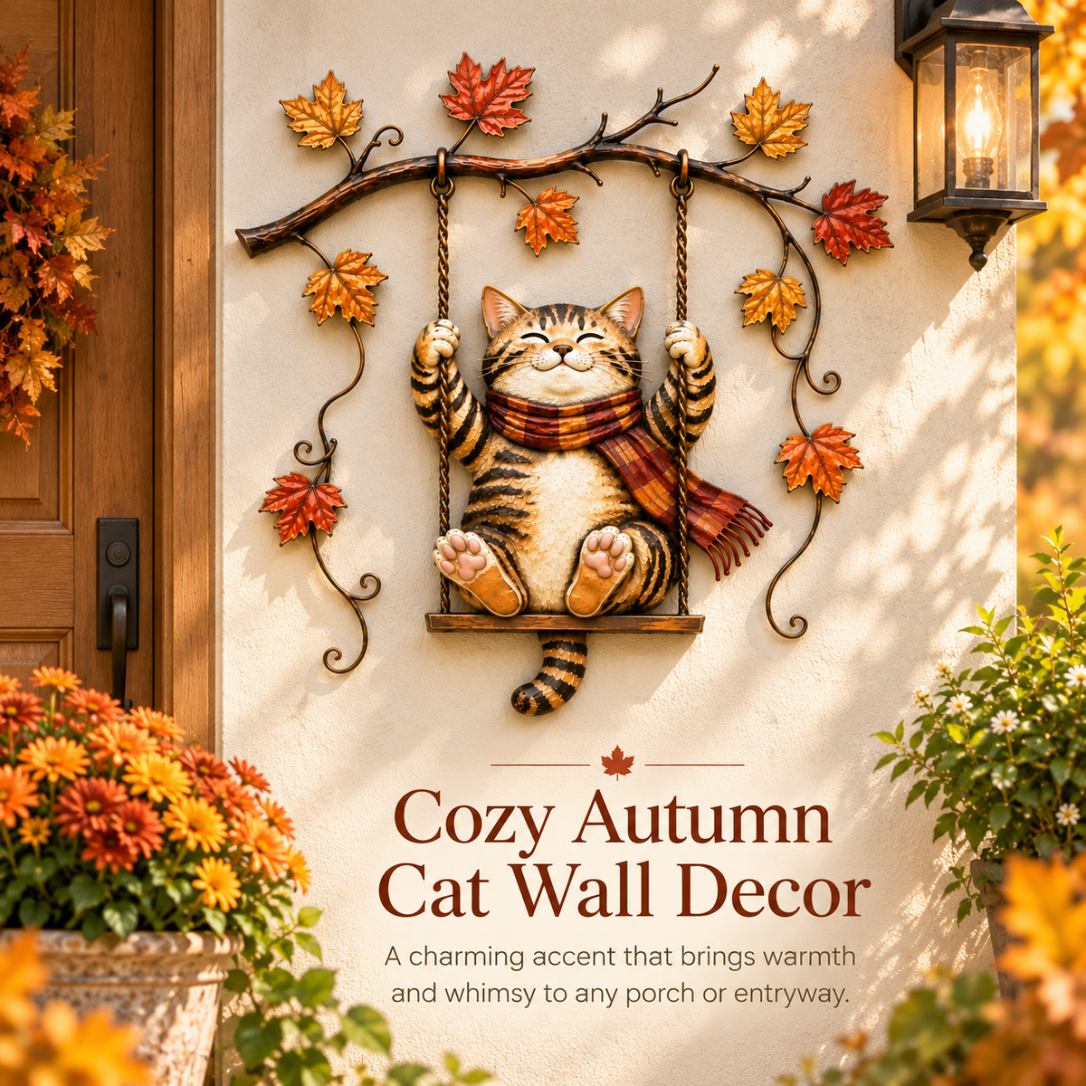 🐱🍂 Cozy Cat Swing Fall Wall Art – Rustic Autumn Metal Home Decor