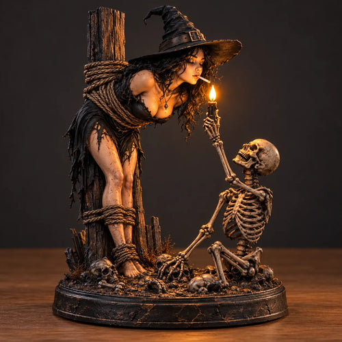 💀 Witch & Skeleton Light-Up Scene Figurine – Gothic Halloween Tabletop Décor