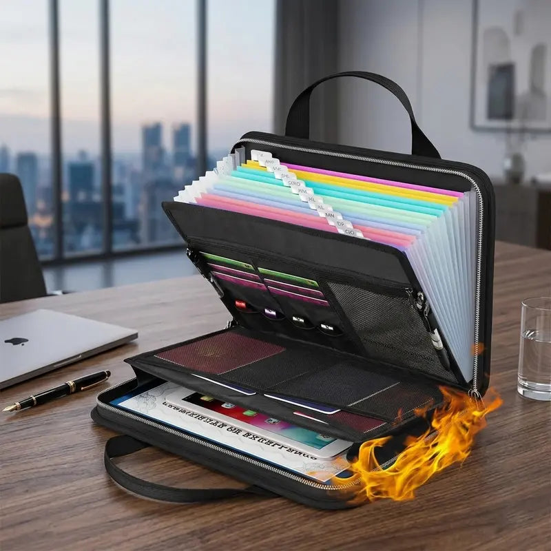 Large capacity document organizer with colorful accordion compartments and storage pockets