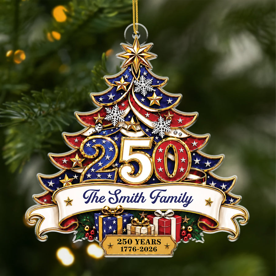 🇺🇸🎄 America’s 250th Anniversary Christmas Tree Ornament – Personalized Family Keepsake Gift ✨