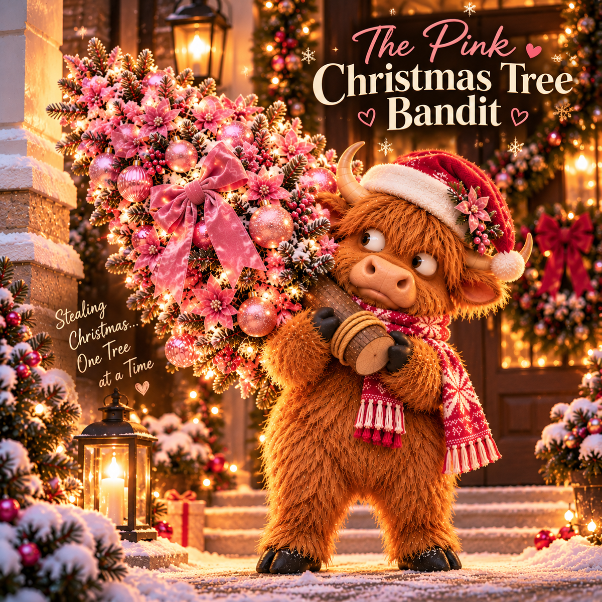 Pinkmas Highland Cow tree illuminated at night