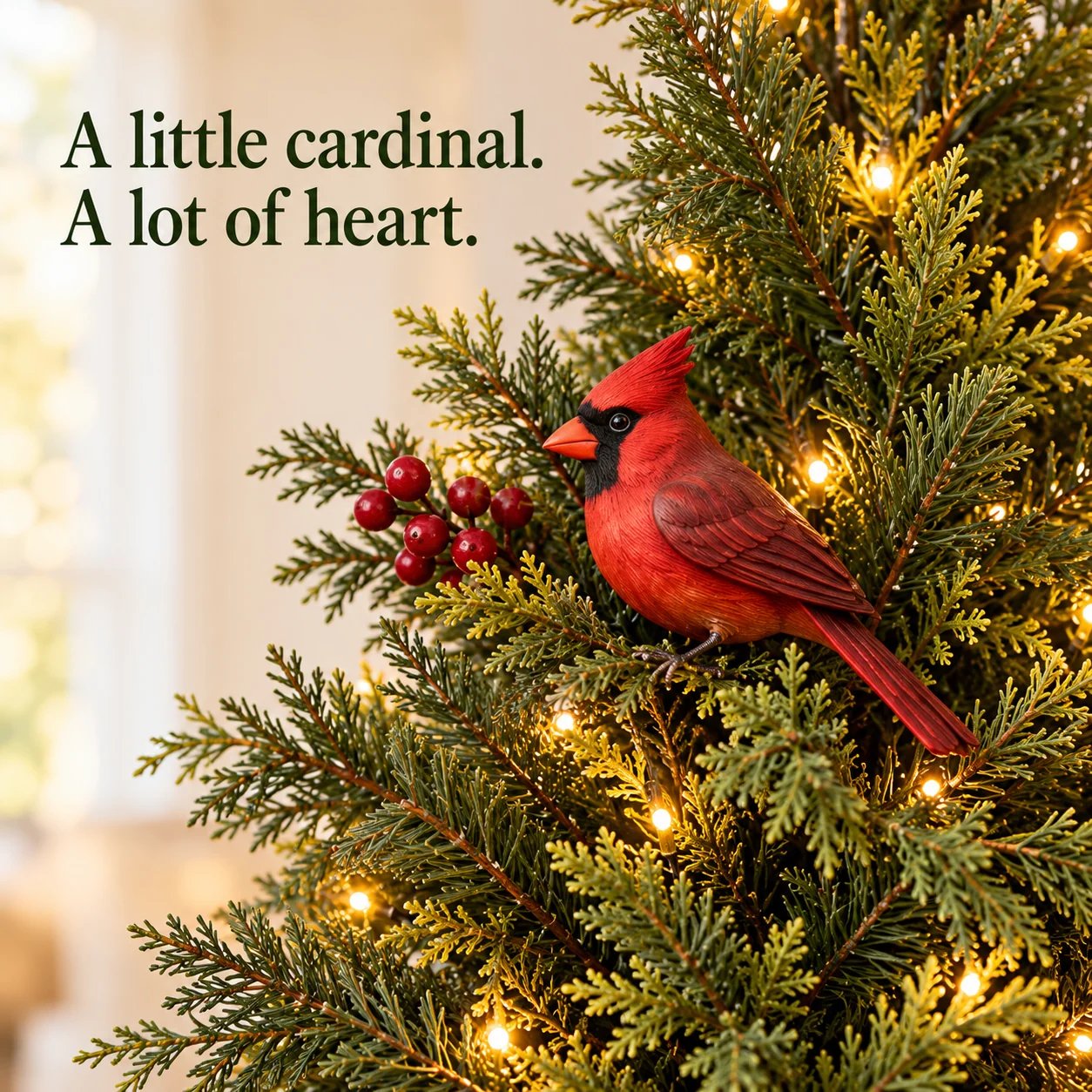 Red cardinal nestled among evergreen Christmas tree branches and golden lights