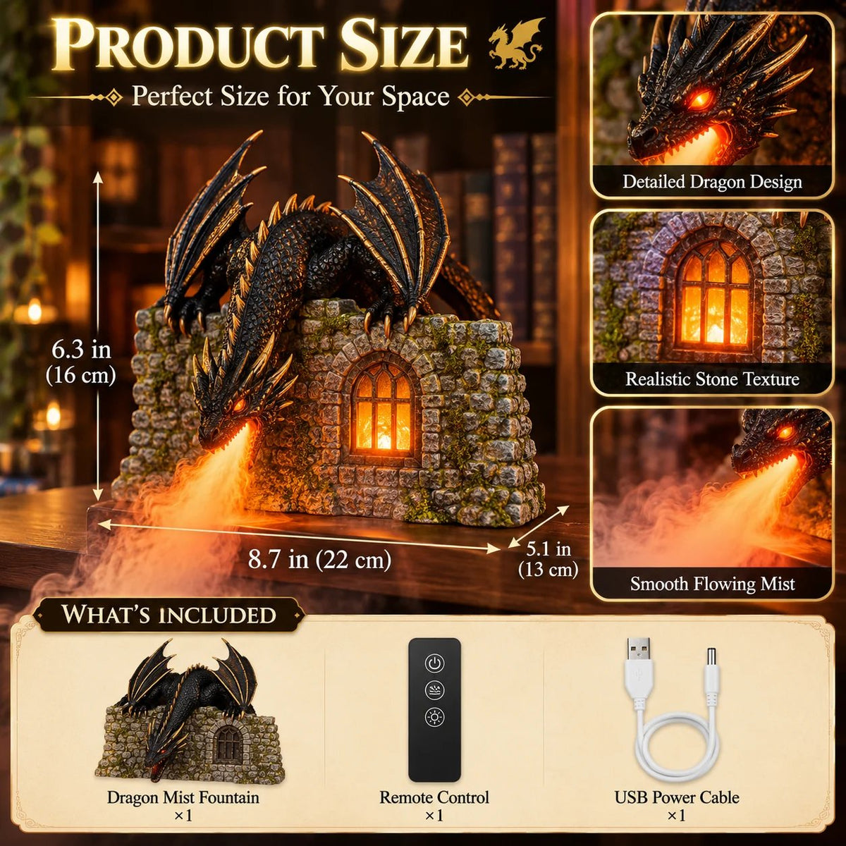 🐉 MistWyrm Dragon Diffuser – Glowing Dragon Mist for Fantasy Bookshelf Decor