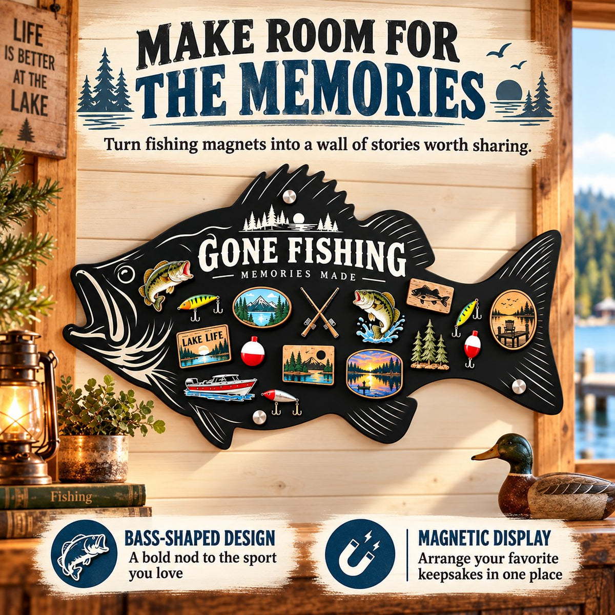 ⏳ Last Day 49% OFF – 🎣 Bass-Shaped Magnetic Fishing Memory Board | 3 Sizes for Lake Magnets, Fishing Trips & Keepsakes 🐟