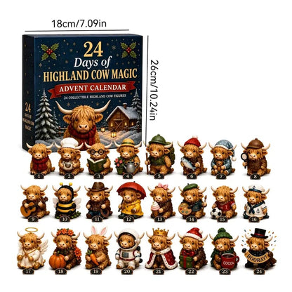 🐮 24-Day Highland Cow Advent Calendar – Festive Mini Figurine Collectible Set for Christmas Countdown