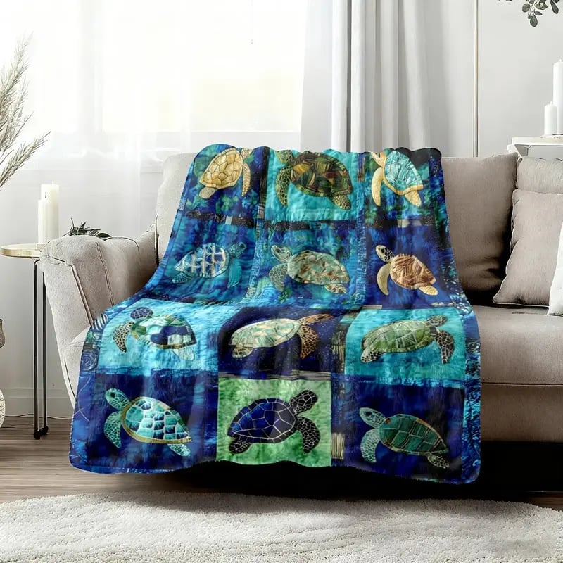 Sea Turtle Throw Blanket, Ocean Mosaic Patchwork Soft Cover