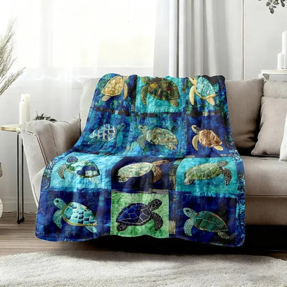Sea Turtle Throw Blanket, Ocean Mosaic Patchwork Soft Cover