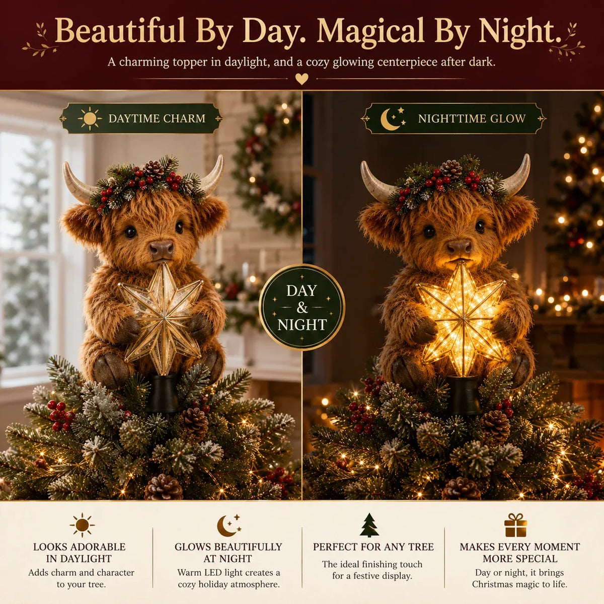 🐮 Baby Highland Cow Christmas Tree Topper with Glowing Star – 50 cm ✨