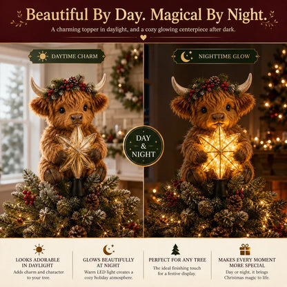 🐮 Baby Highland Cow Christmas Tree Topper with Glowing Star – 50 cm ✨