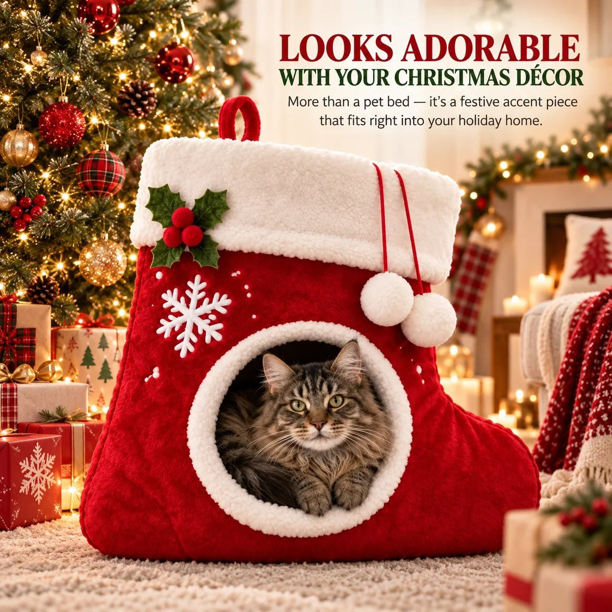🎉🎄Christmas Stocking Cat Bed – Ultra-Soft Sherpa Cozy Hideaway for Cats 🐱