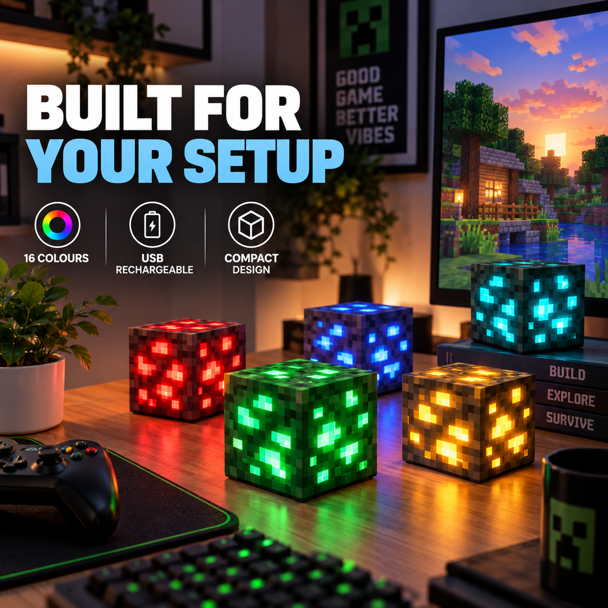 🎮✨ Minecraft Block Light – Pixel-Style LED Night Lamp for Gaming Rooms & Desks 🟩