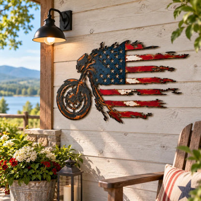 🏍️🇺🇸 Vintage American Flag Motorcycle Metal Wall Art – Rustic Biker Garage Decor & Gift for Riders 🔥