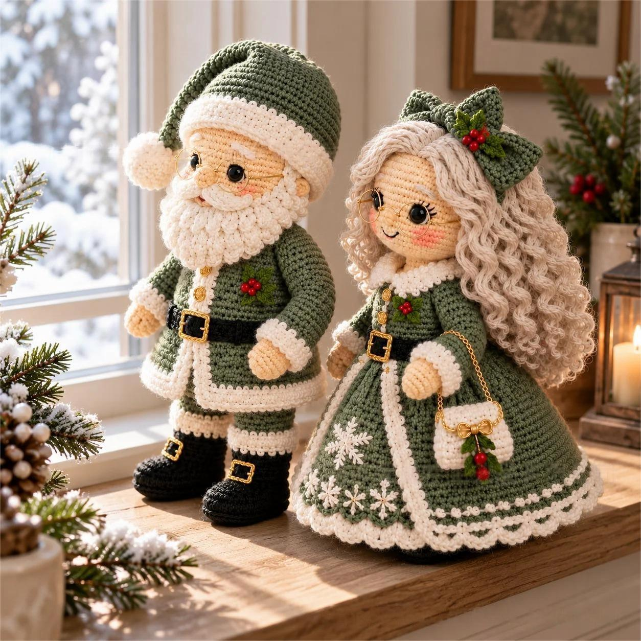 Forest Green Santa and Mrs. Claus crochet Christmas dolls
