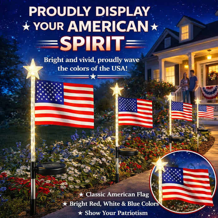 ☀️8-in-1 Solar American Flag Garden Stakes✨ IP65 Weatherproof & Auto-On Patriotic Decor