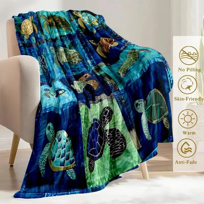 Sea Turtle Throw Blanket, Ocean Mosaic Patchwork Soft Cover