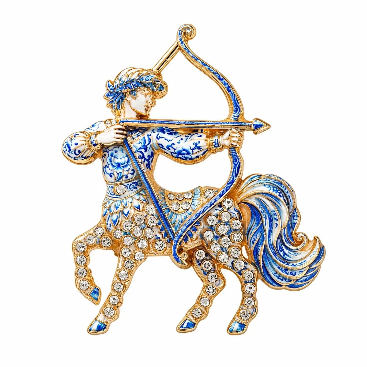 Sagittarius zodiac enamel brooch with decorative blue and gold centaur archer artwork