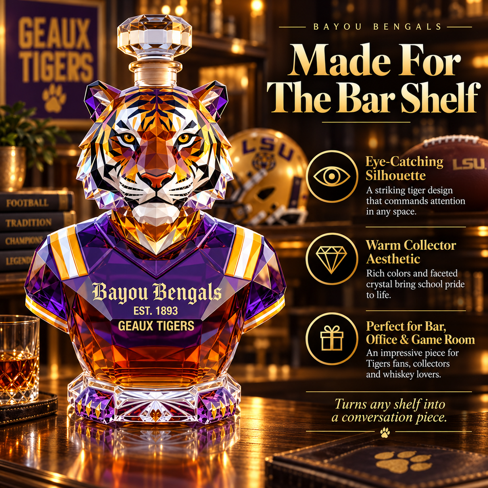 Bayou Bengals tiger decanter on home bar display shelf