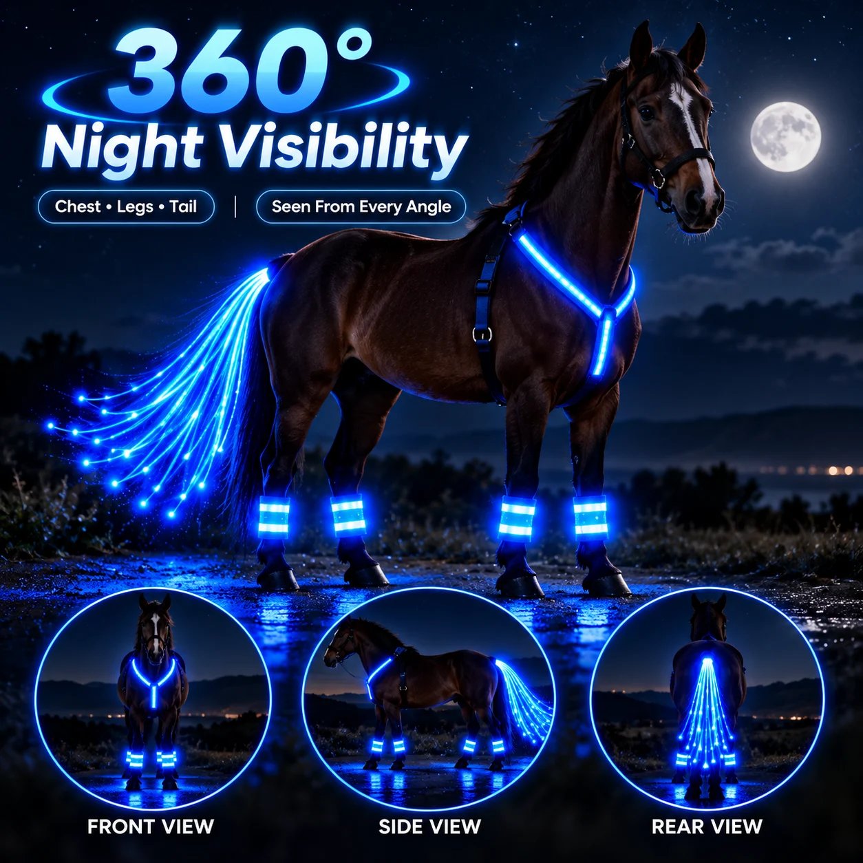 360 degree front side and rear visibility of illuminated horse gear