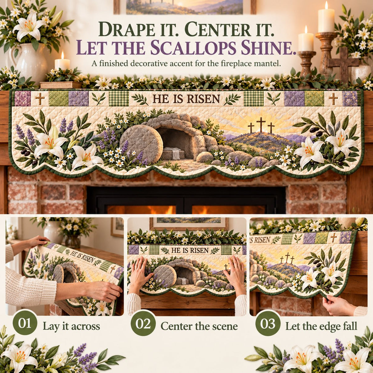 ⏳ Last Day 49% OFF – ✝️ Easter Faith Quilted Mantel Scarf | Patchwork Christian Fireplace Décor for Spring & Easter 🌷