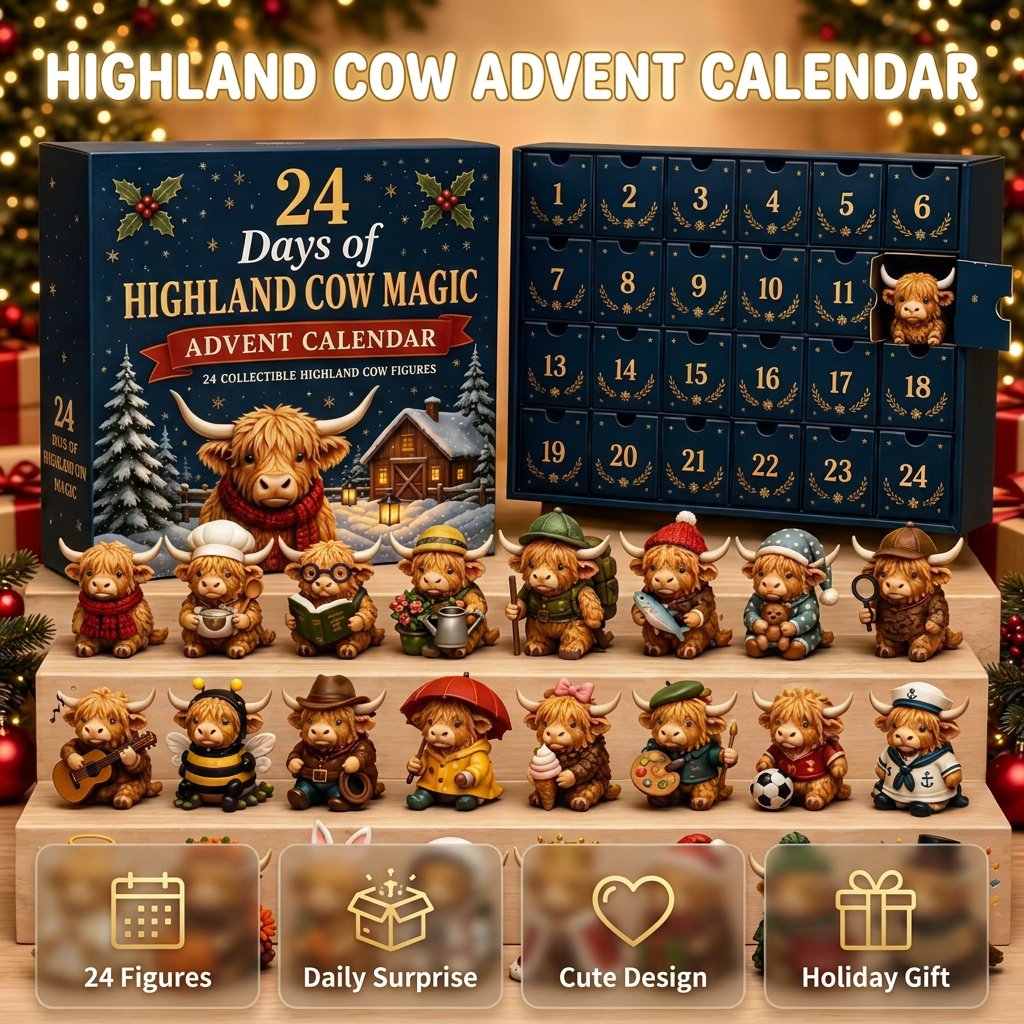 🐮 24-Day Highland Cow Advent Calendar – 24 Surprise Acrylic Ornaments