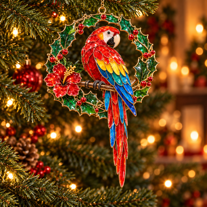 Tropical Parrot Christmas Ornaments – Vintage Stained Glass Style, Set of 6