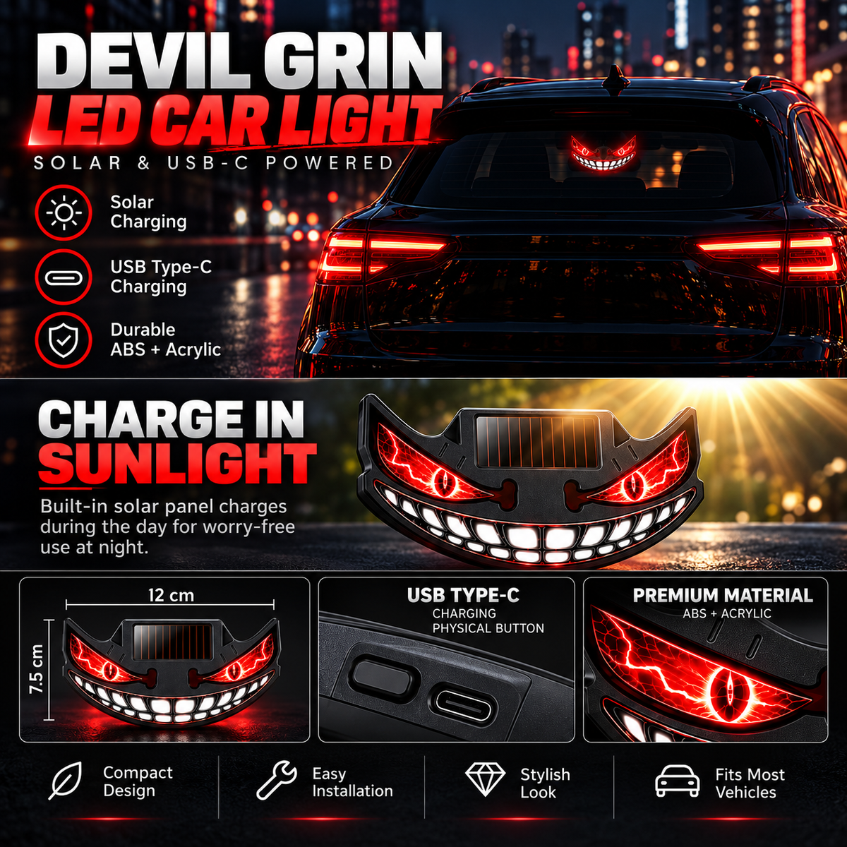 😈🚗 Devil Grin LED Car Window Light – Solar + USB-C Rechargeable Window Glow