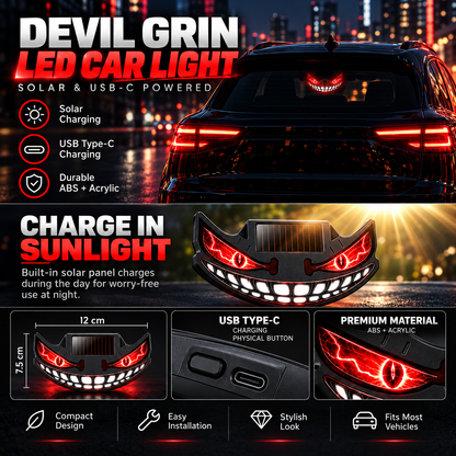 😈🚗 Devil Grin LED Car Window Light – Solar + USB-C Rechargeable Window Glow