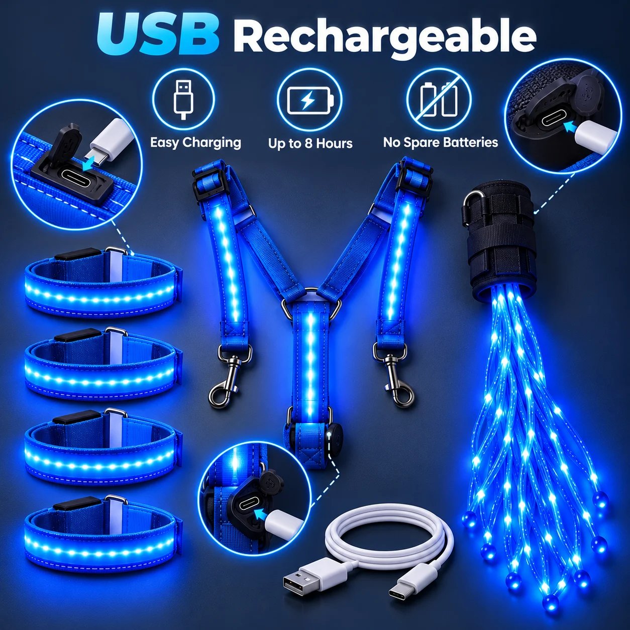 USB rechargeable horse LED harness kit with charging cable