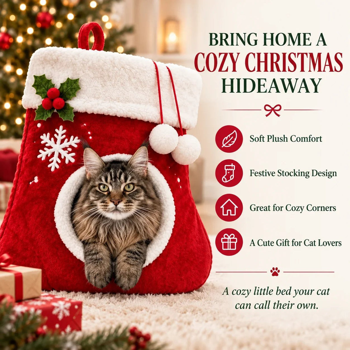 🎉🎄Christmas Stocking Cat Bed – Ultra-Soft Sherpa Cozy Hideaway for Cats 🐱
