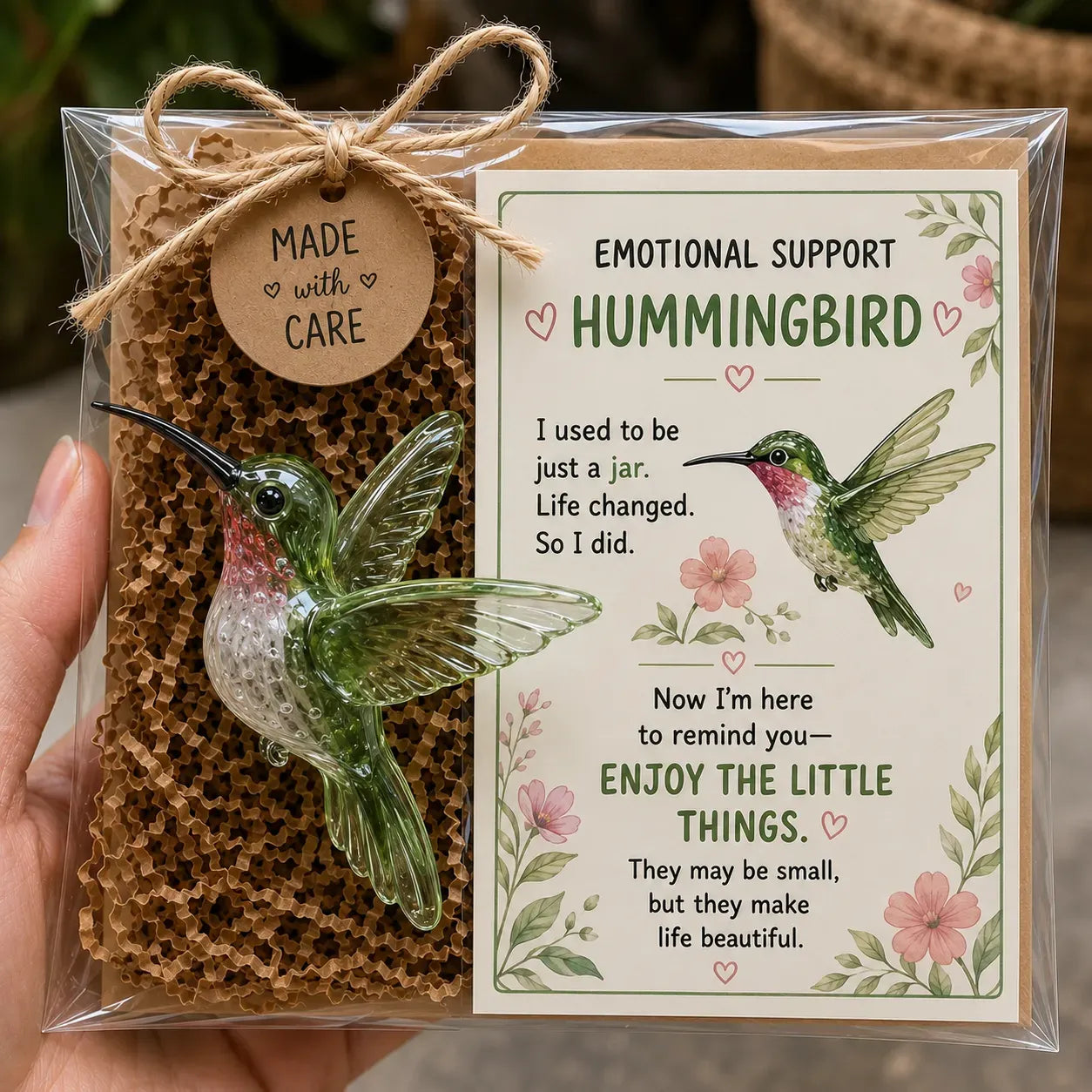 Glass hummingbird encouragement gift with message Enjoy the Little Things