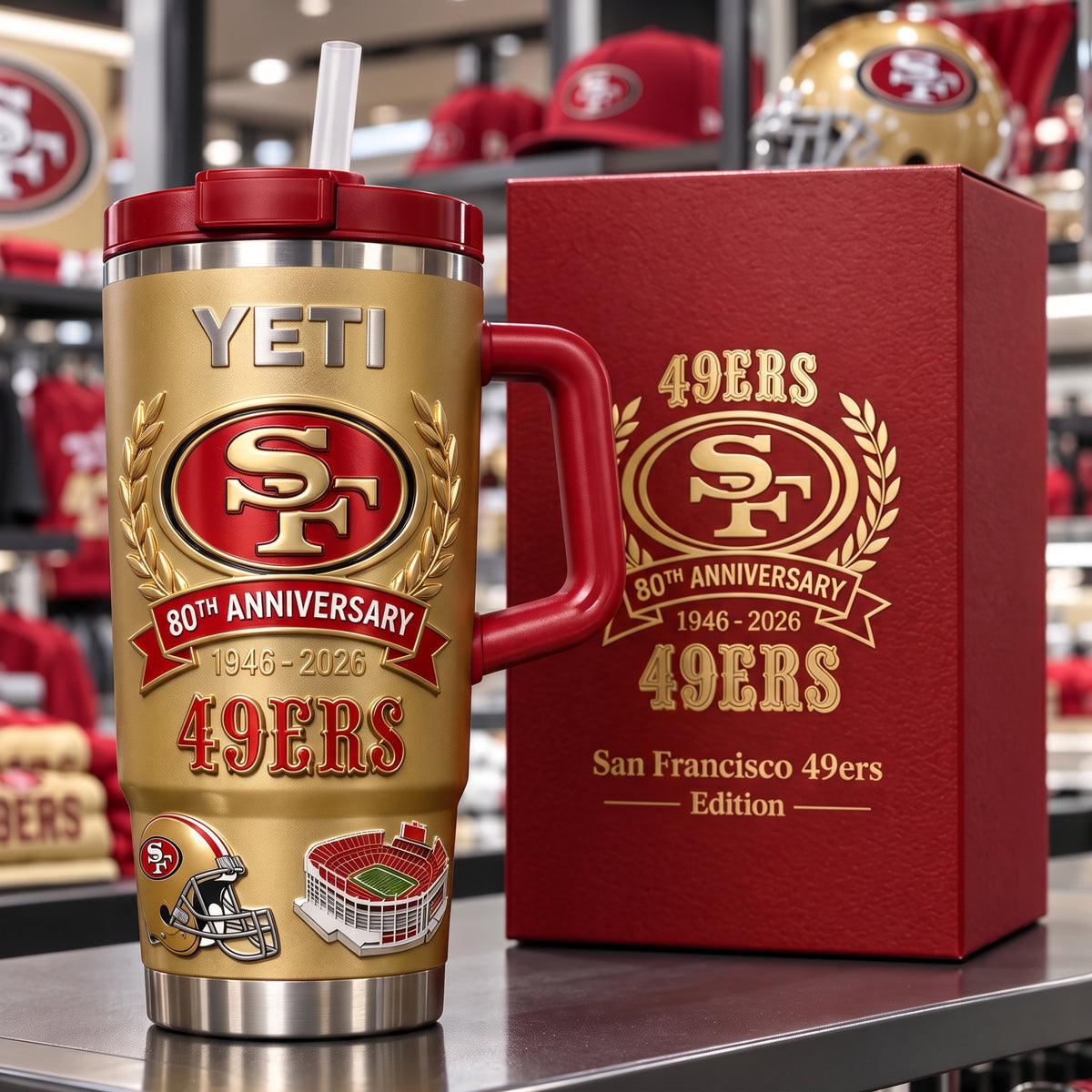 49ers 80th anniversary metallic gold tumbler beside red collector presentation box