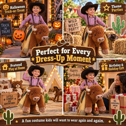 Plush Bull Rider Ride‑On Kids Costume, Adjustable Harness Toddler Halloween Outfit