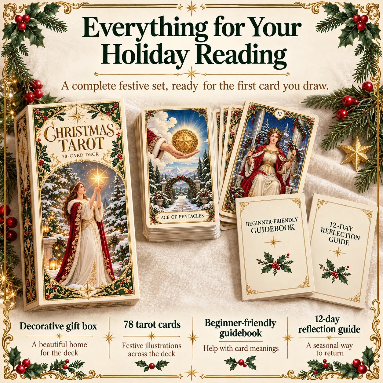 Yuletide Tarot cards with beginner-friendly guidebook and 12-day reflection guide