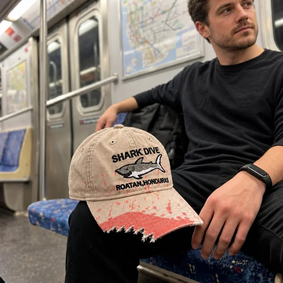 🎉🦈 Shark Bite Baseball Cap | Embroidered Shark • Bite-Shaped Frayed Brim