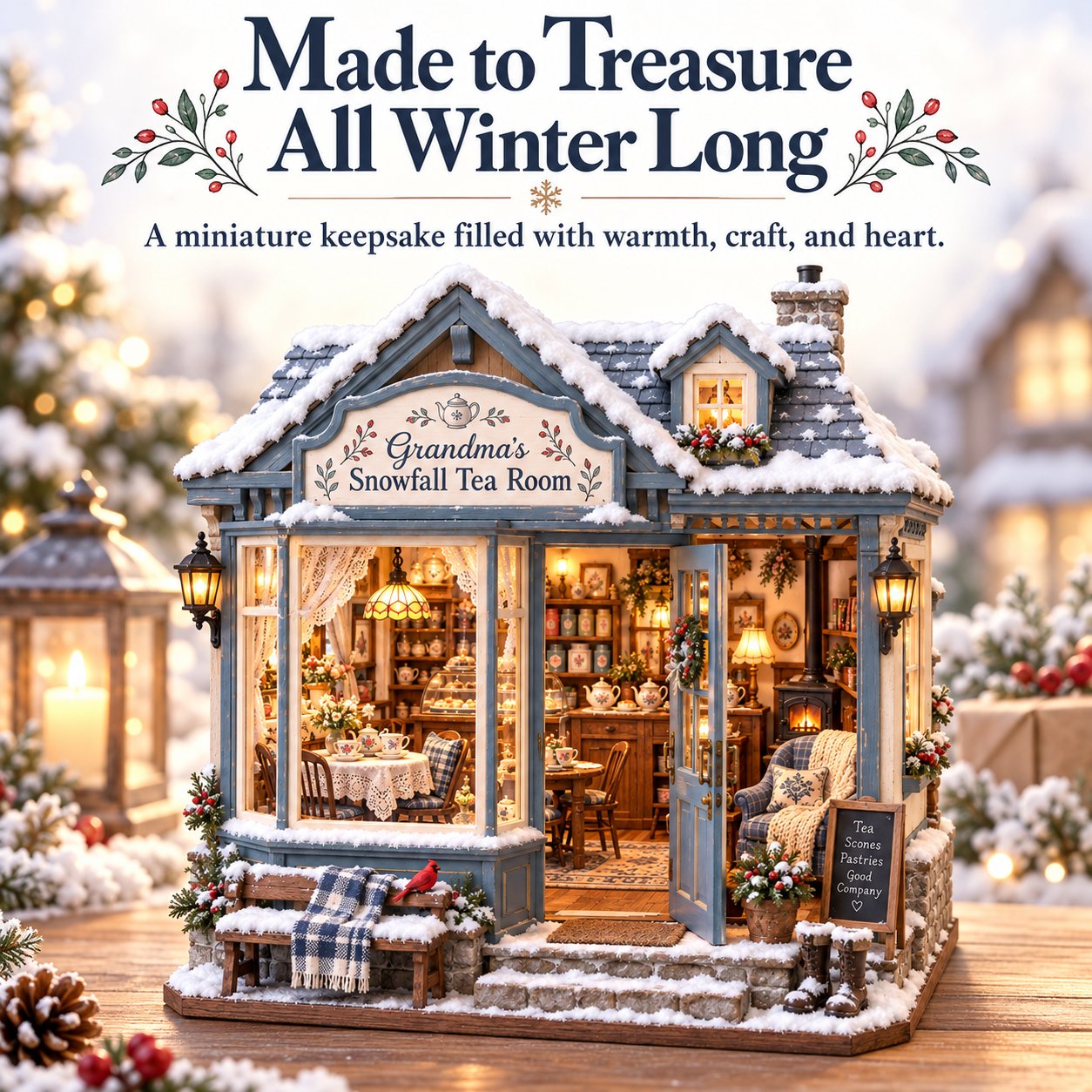 Completed Snowfall Tea Room miniature in a cozy holiday home setting
