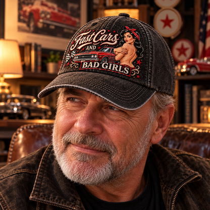 🏁🔥 Fast Cars And Bad Girls Retro Muscle Car Pin-Up Baseball Cap